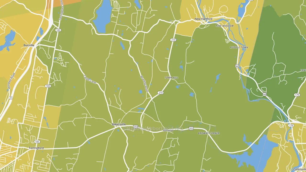 Map of the best neighborhoods in the 06057 area, with better matches in green and worse matches in red