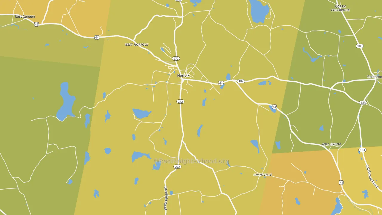 Map of the best neighborhoods in the 06058 area, with better matches in green and worse matches in red