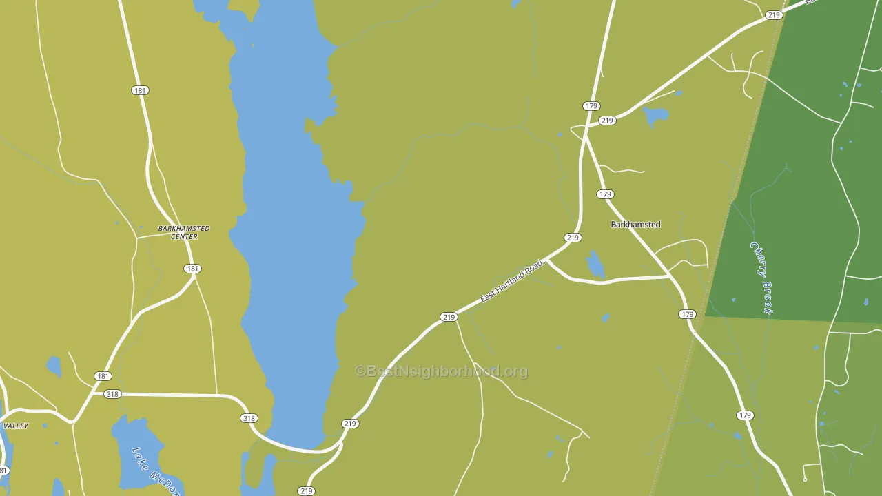 Map of the best neighborhoods in the 06059 area, with better matches in green and worse matches in red
