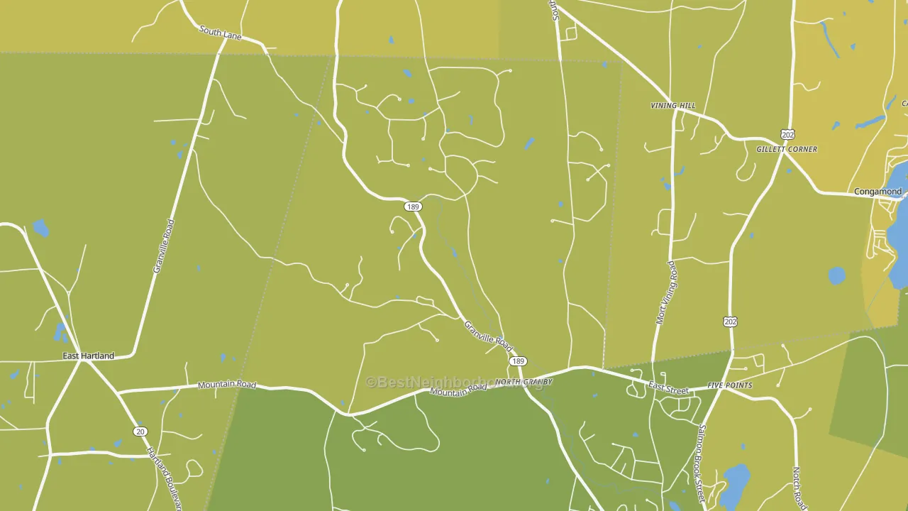 Map of the best neighborhoods in the 06060 area, with better matches in green and worse matches in red