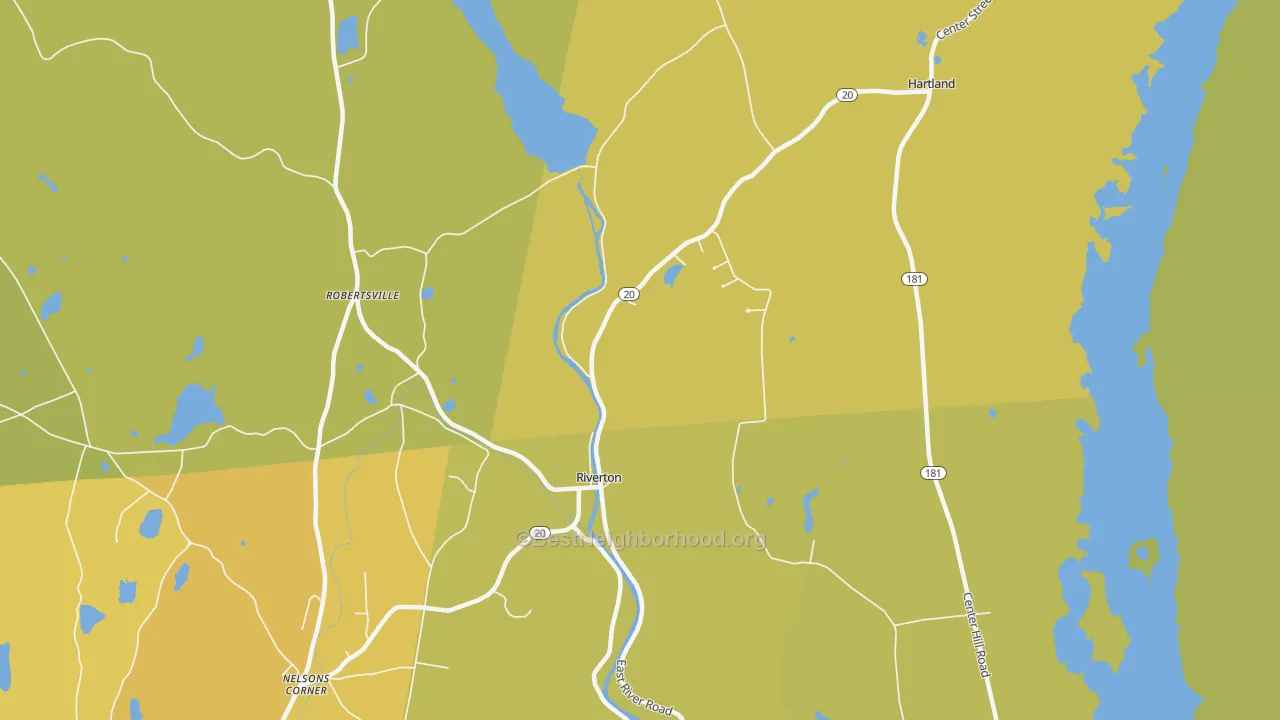 Map of the best neighborhoods in the 06065 area, with better matches in green and worse matches in red