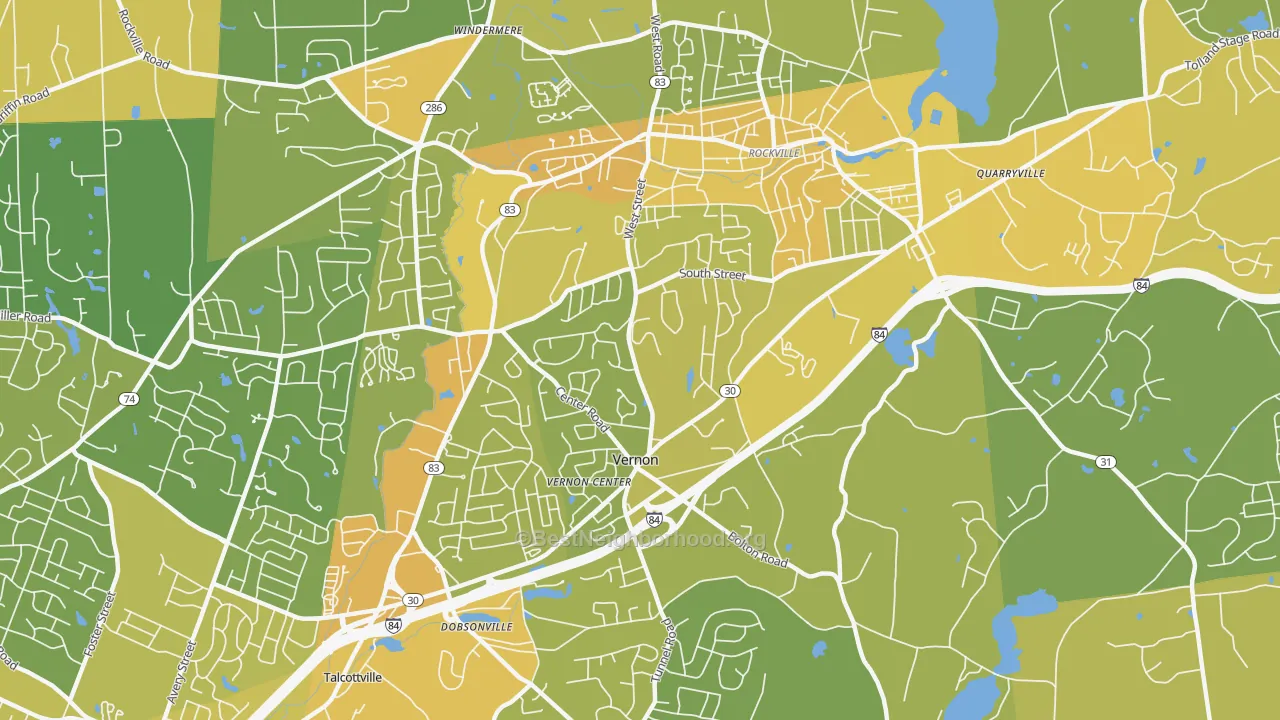 Map of the best neighborhoods in the 06066 area, with better matches in green and worse matches in red