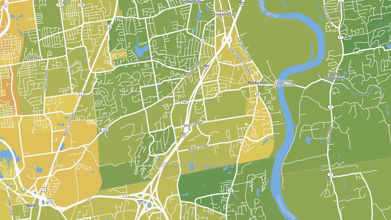 Map of the best neighborhoods in the 06067 area, with better matches in green and worse matches in red