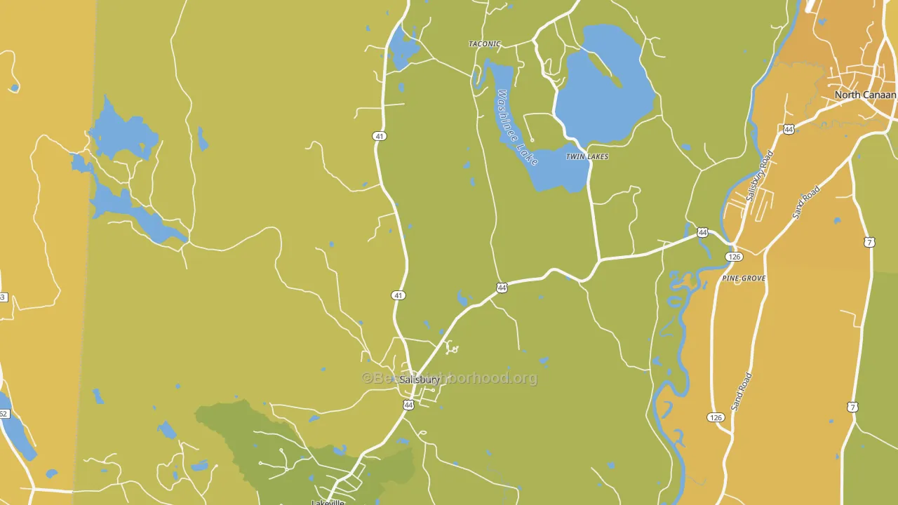Map of the best neighborhoods in the 06068 area, with better matches in green and worse matches in red