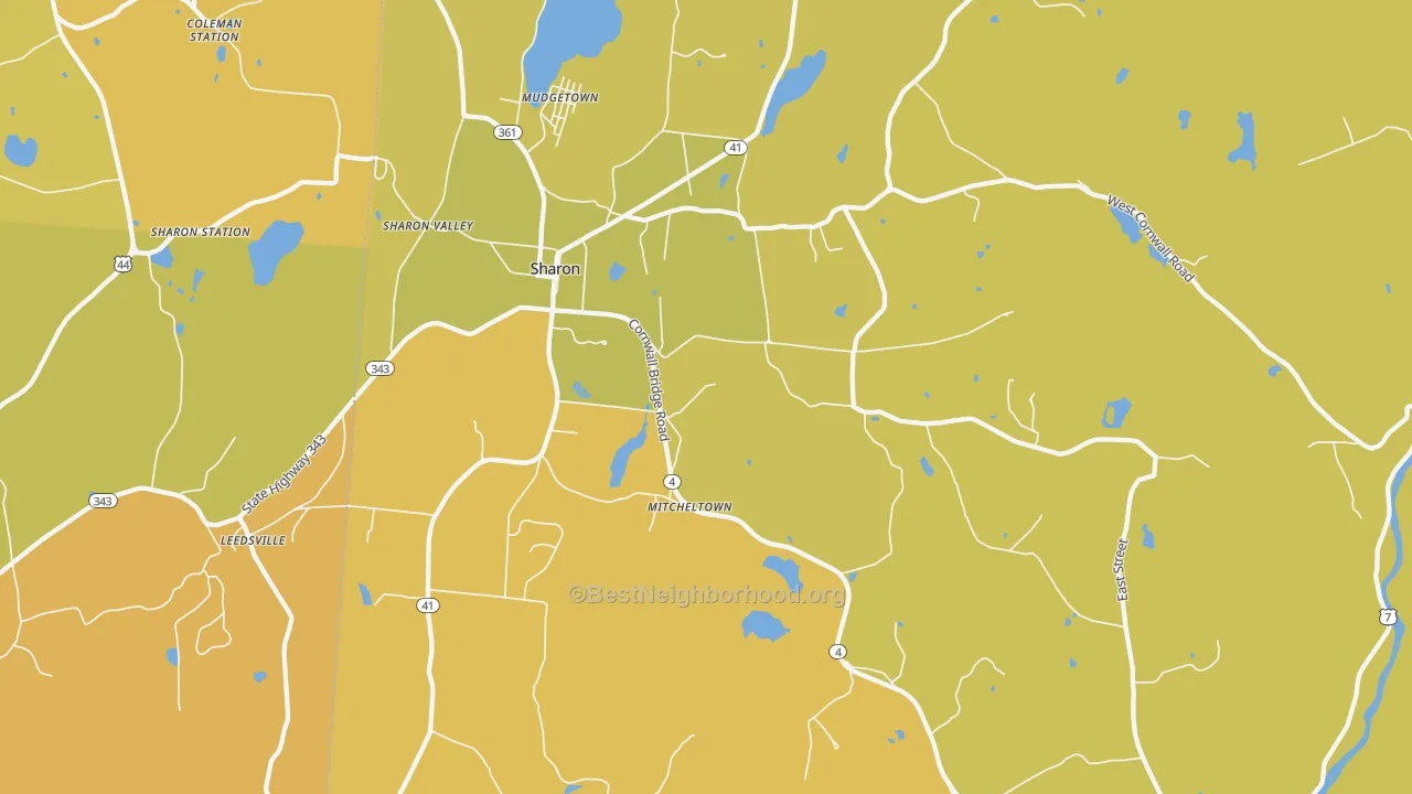 Map of the best neighborhoods in the 06069 area, with better matches in green and worse matches in red