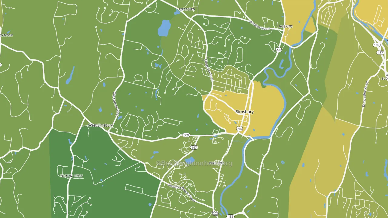 Map of the best neighborhoods in the 06070 area, with better matches in green and worse matches in red