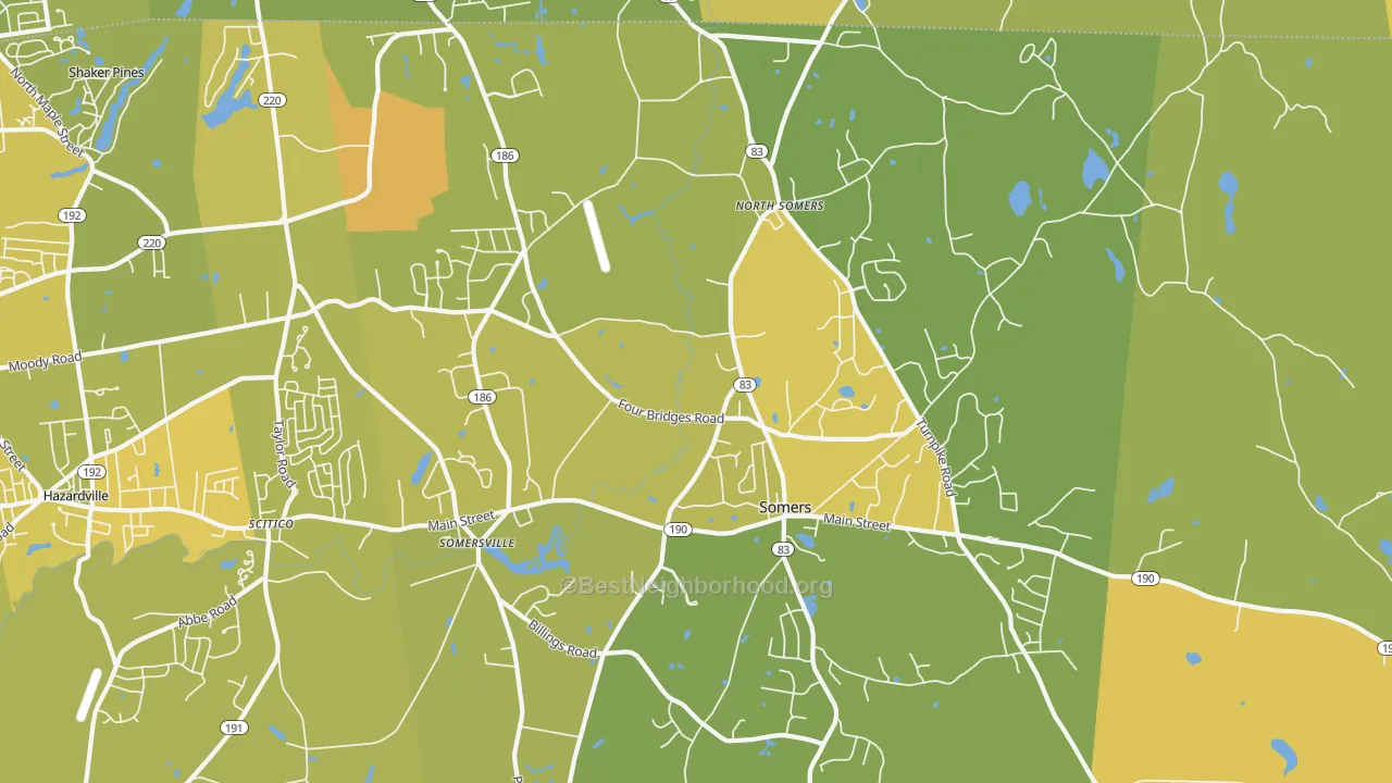 Map of the best neighborhoods in the 06071 area, with better matches in green and worse matches in red