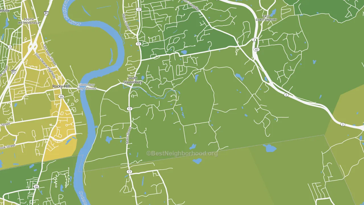 Map of the best neighborhoods in the 06073 area, with better matches in green and worse matches in red