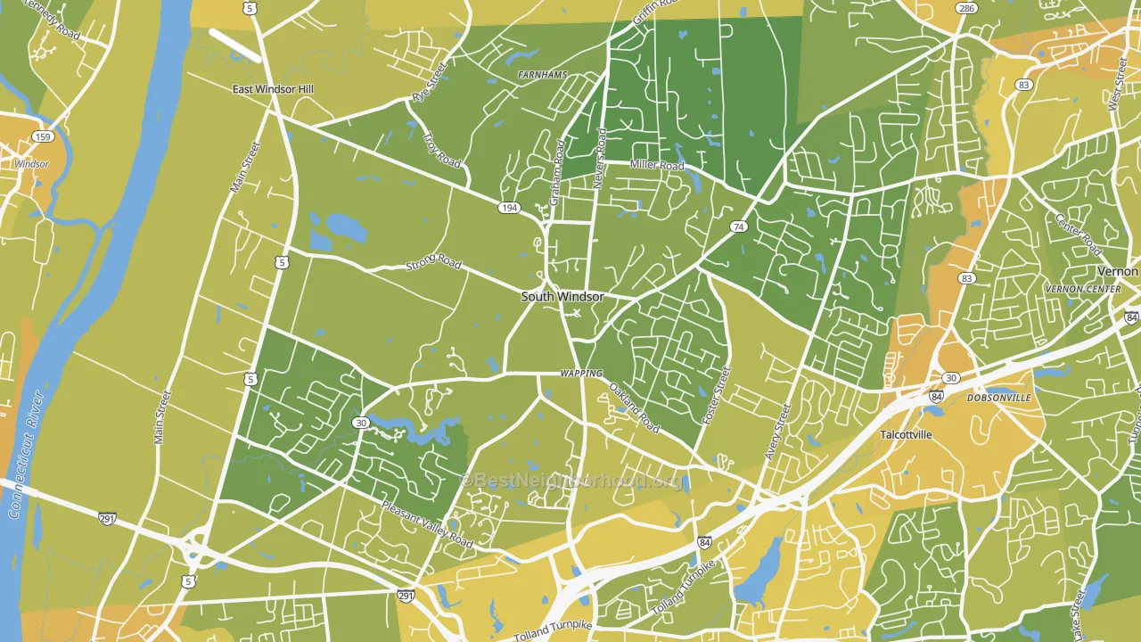 Map of the best neighborhoods in the 06074 area, with better matches in green and worse matches in red