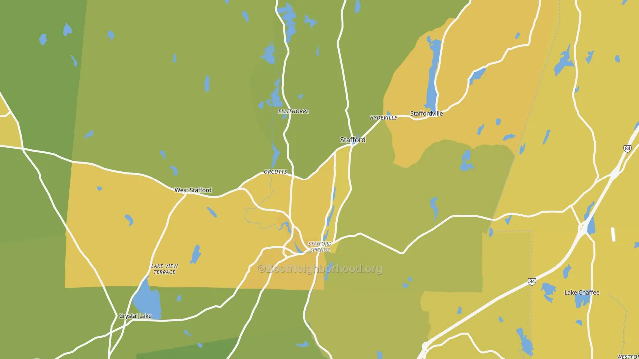 Map of the best neighborhoods in the 06076 area, with better matches in green and worse matches in red