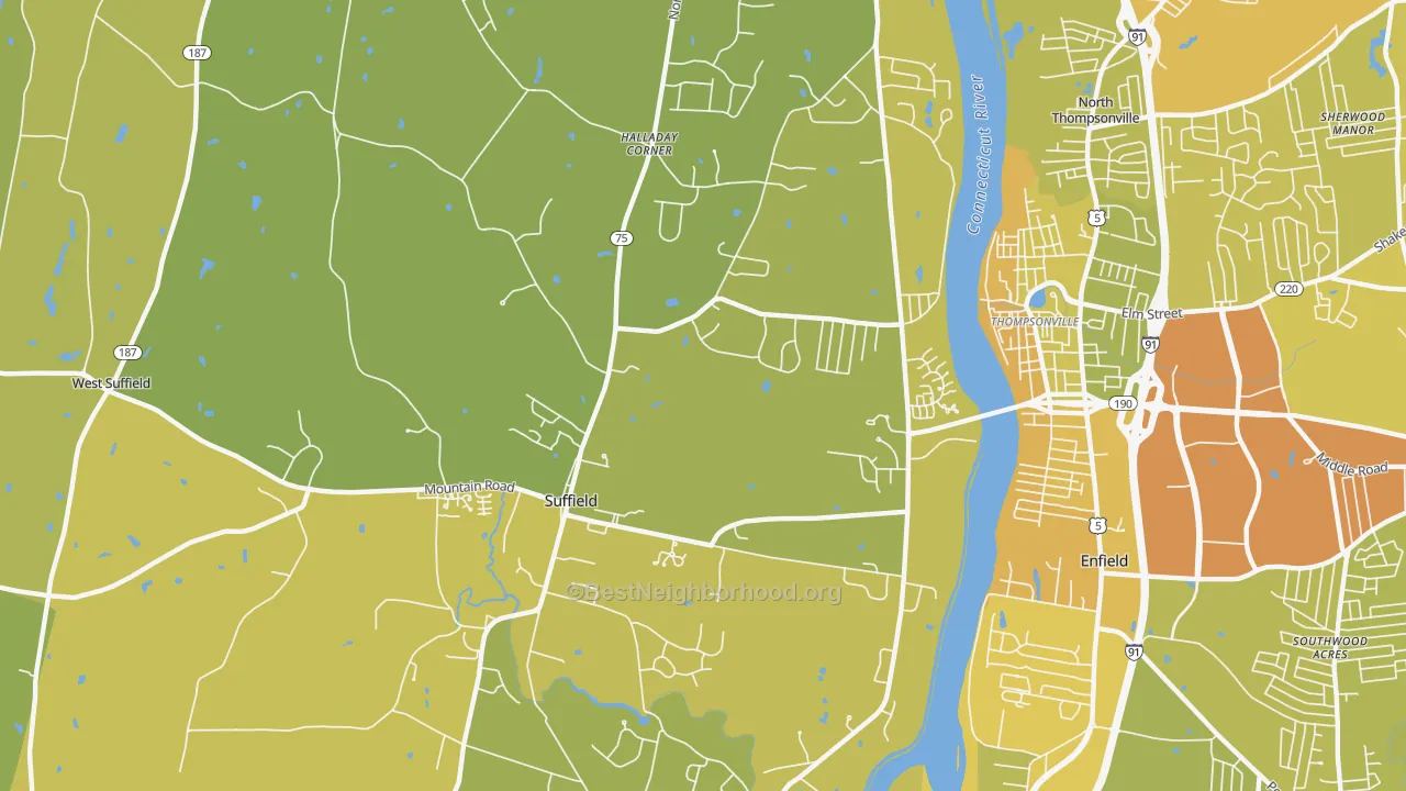 Map of the best neighborhoods in the 06078 area, with better matches in green and worse matches in red