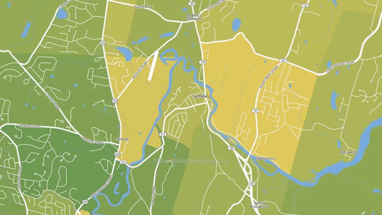Map of the best neighborhoods in the 06081 area, with better matches in green and worse matches in red
