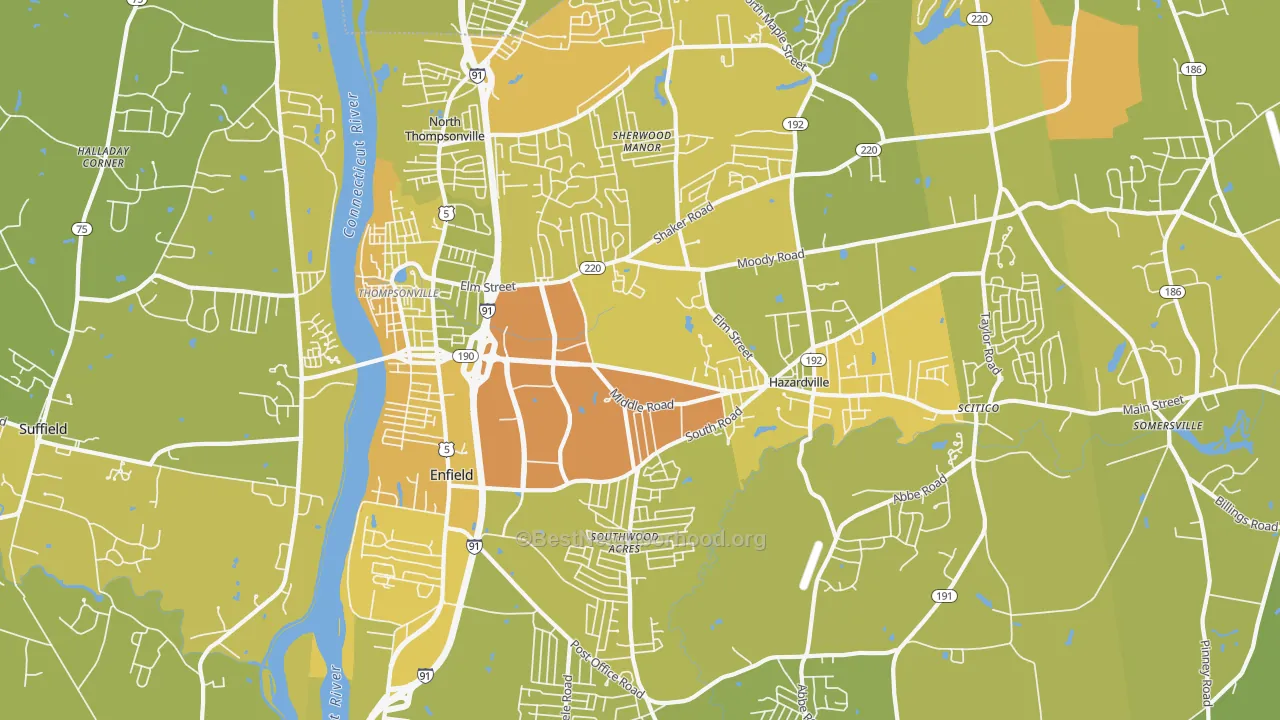 Map of the best neighborhoods in the 06082 area, with better matches in green and worse matches in red