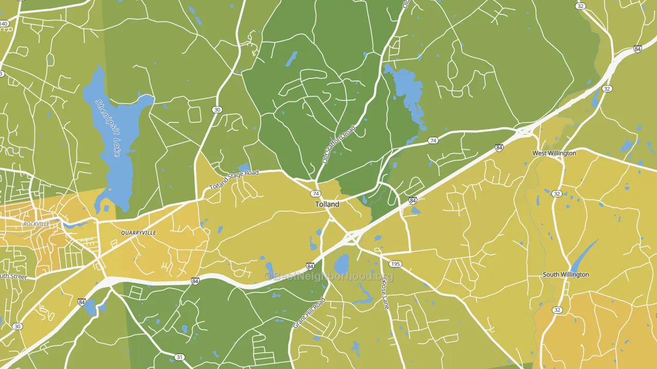 Map of the best neighborhoods in the 06084 area, with better matches in green and worse matches in red
