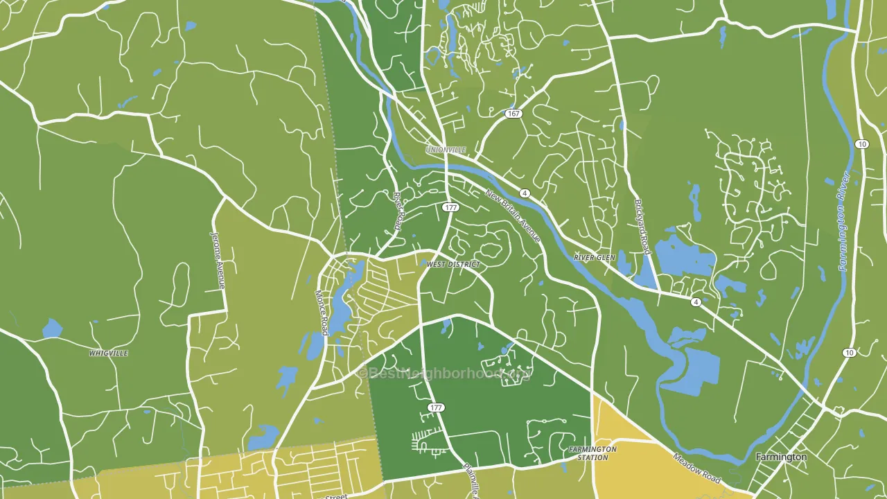 Map of the best neighborhoods in the 06085 area, with better matches in green and worse matches in red