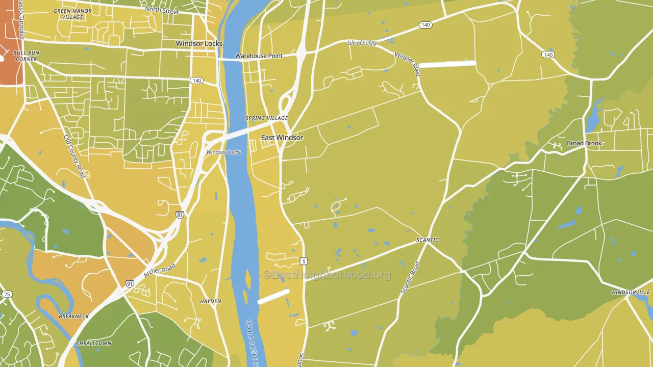 Map of the best neighborhoods in the 06088 area, with better matches in green and worse matches in red