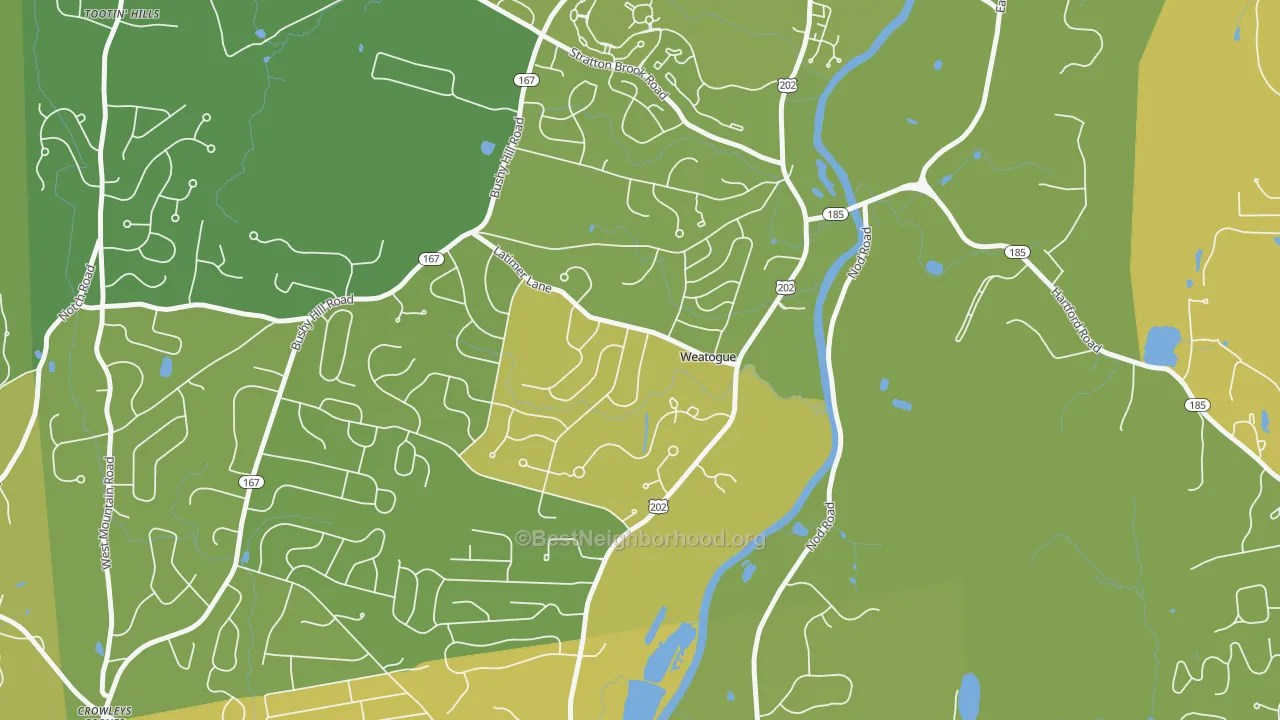Map of the best neighborhoods in the 06089 area, with better matches in green and worse matches in red