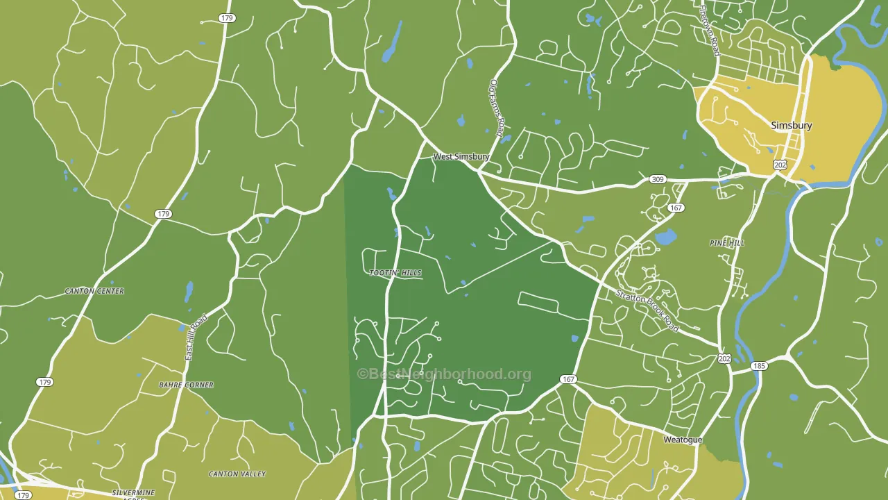 Map of the best neighborhoods in the 06092 area, with better matches in green and worse matches in red