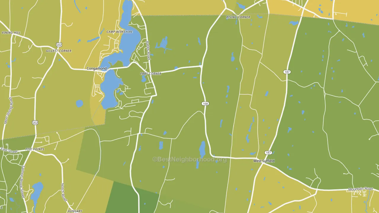 Map of the best neighborhoods in the 06093 area, with better matches in green and worse matches in red