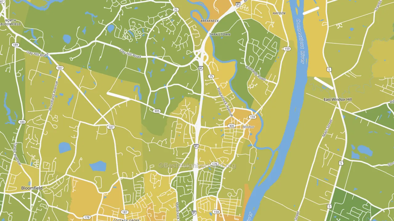 Map of the best neighborhoods in the 06095 area, with better matches in green and worse matches in red