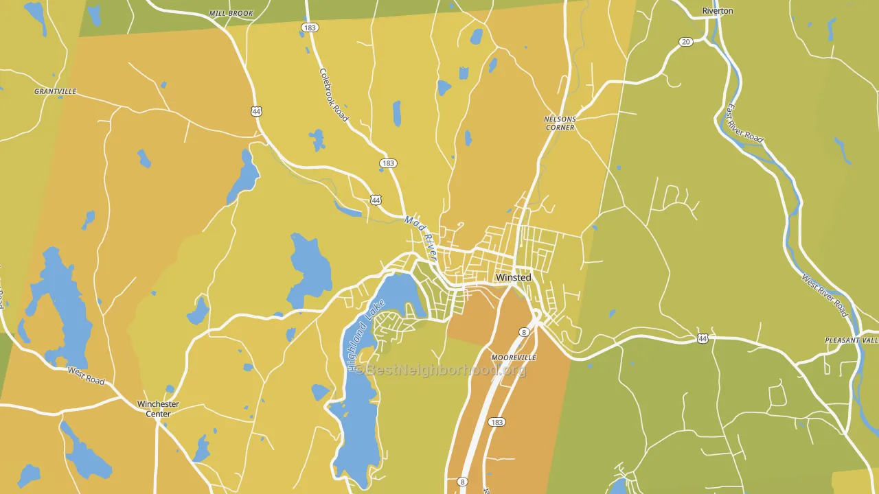 Map of the best neighborhoods in the 06098 area, with better matches in green and worse matches in red