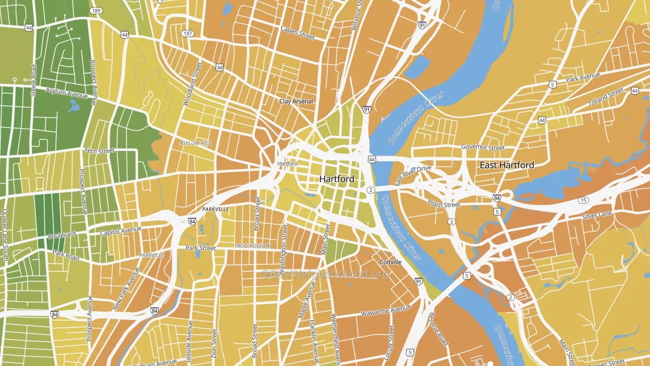 Map of the best neighborhoods in the 06103 area, with better matches in green and worse matches in red