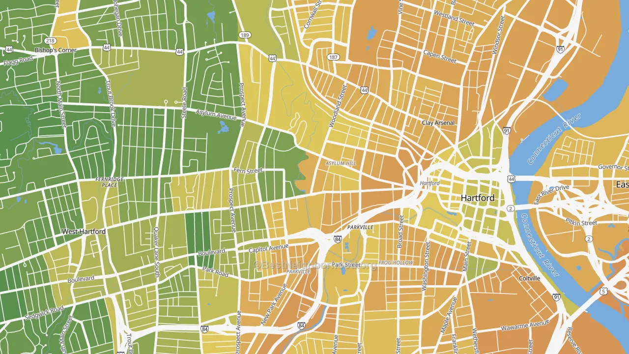 Map of the best neighborhoods in the 06105 area, with better matches in green and worse matches in red
