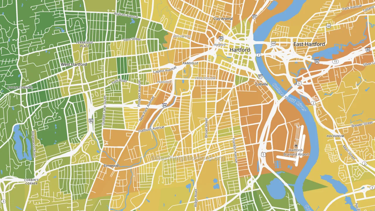 Map of the best neighborhoods in the 06106 area, with better matches in green and worse matches in red