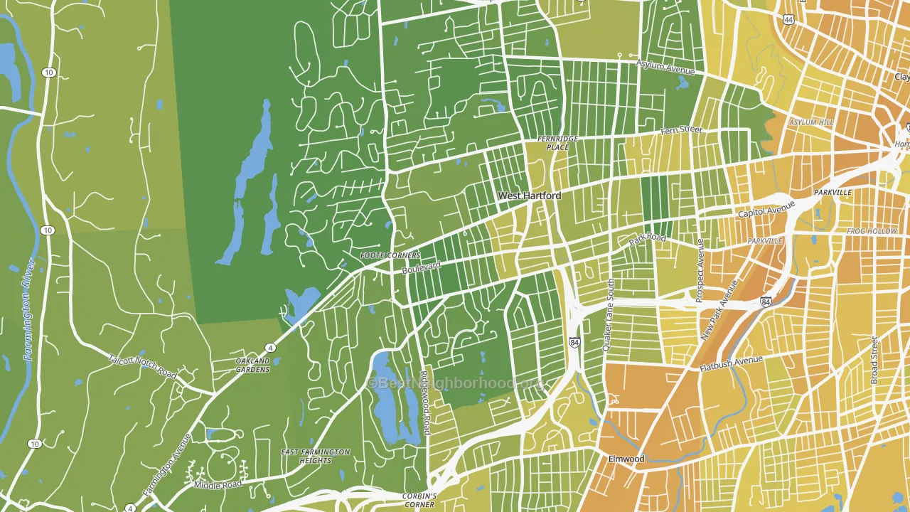 Map of the best neighborhoods in the 06107 area, with better matches in green and worse matches in red