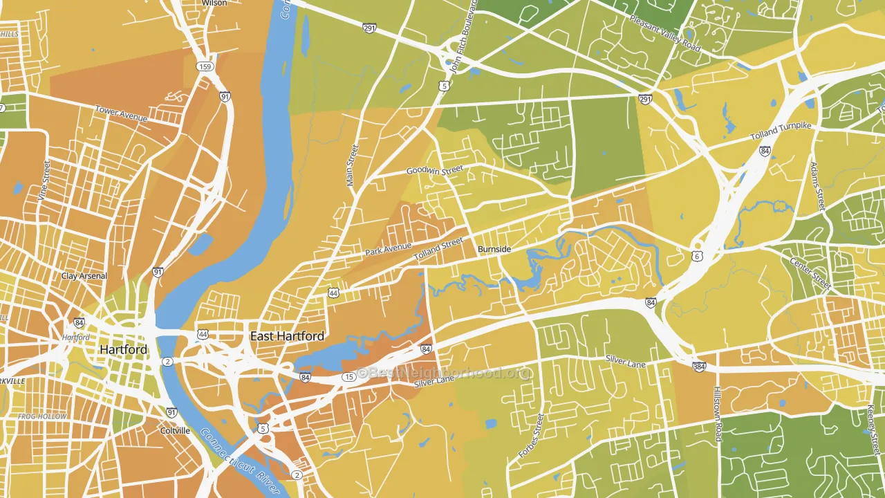 Map of the best neighborhoods in the 06108 area, with better matches in green and worse matches in red