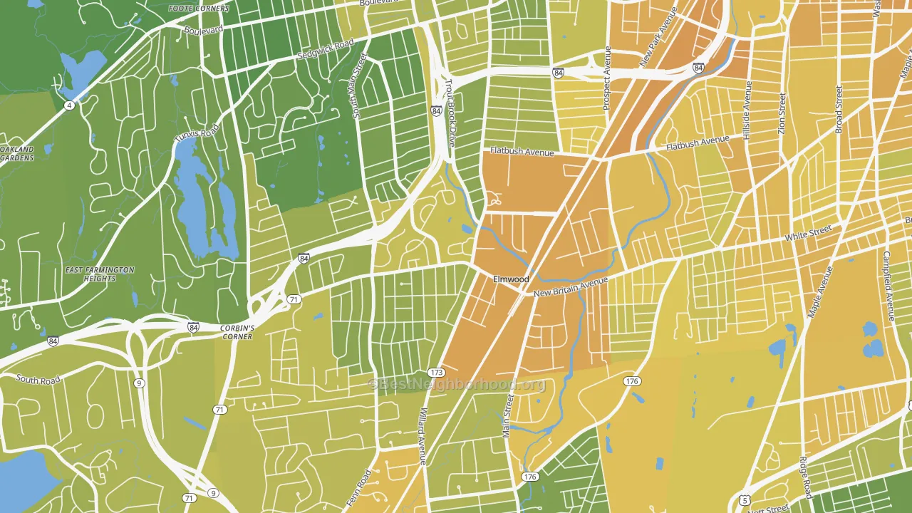 Map of the best neighborhoods in the 06110 area, with better matches in green and worse matches in red