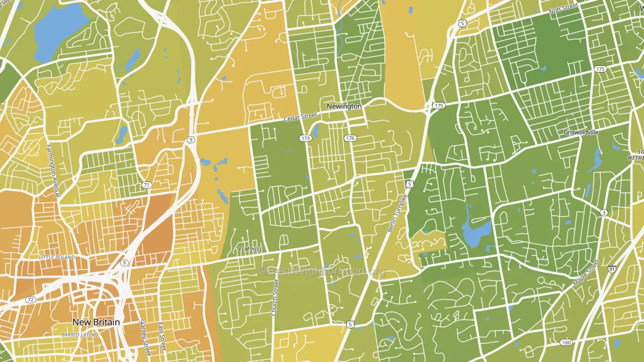 Map of the best neighborhoods in the 06111 area, with better matches in green and worse matches in red
