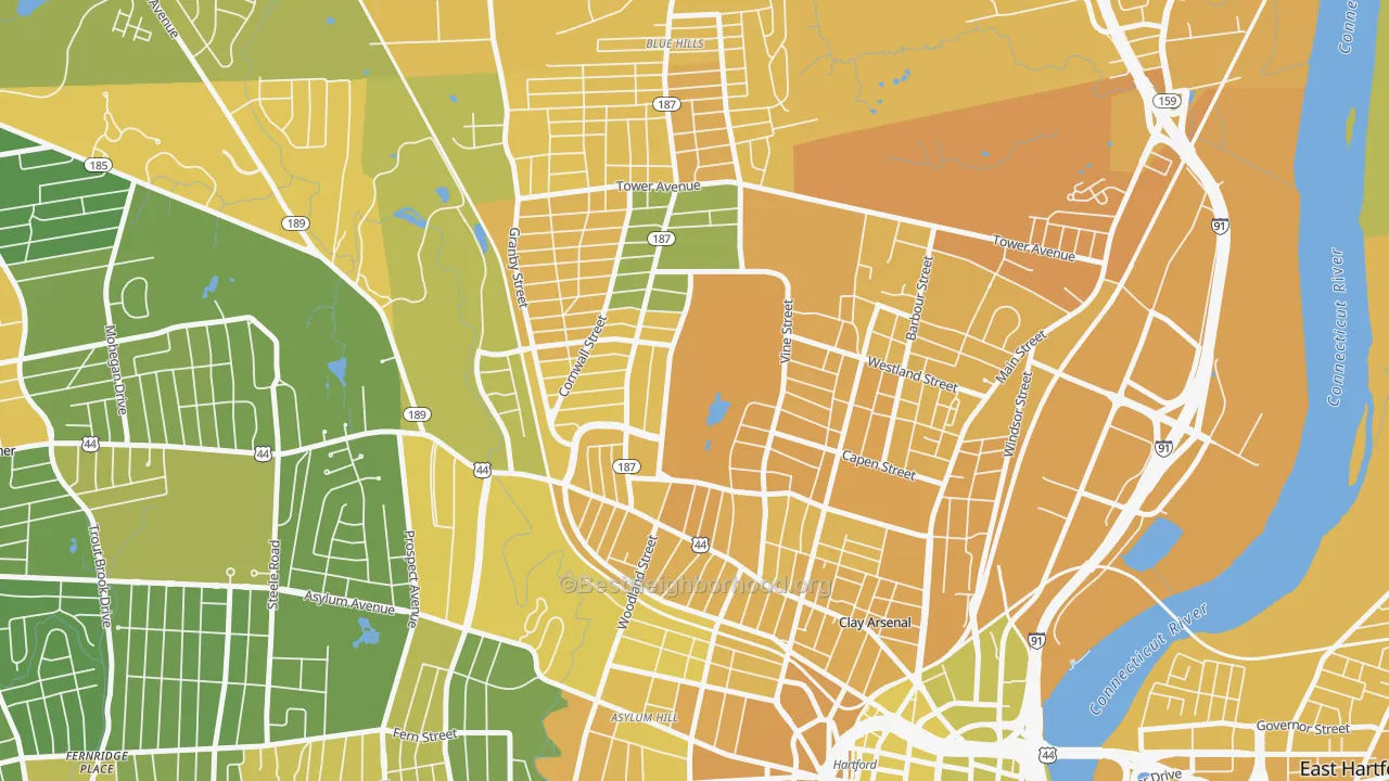 Map of the best neighborhoods in the 06112 area, with better matches in green and worse matches in red