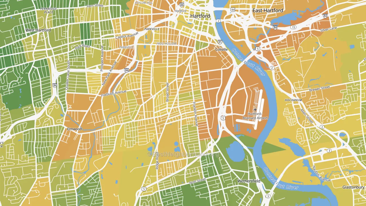 Map of the best neighborhoods in the 06114 area, with better matches in green and worse matches in red