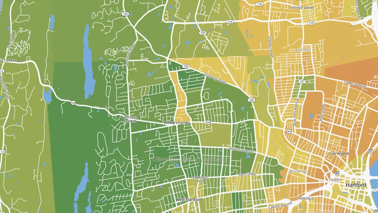 Map of the best neighborhoods in the 06117 area, with better matches in green and worse matches in red