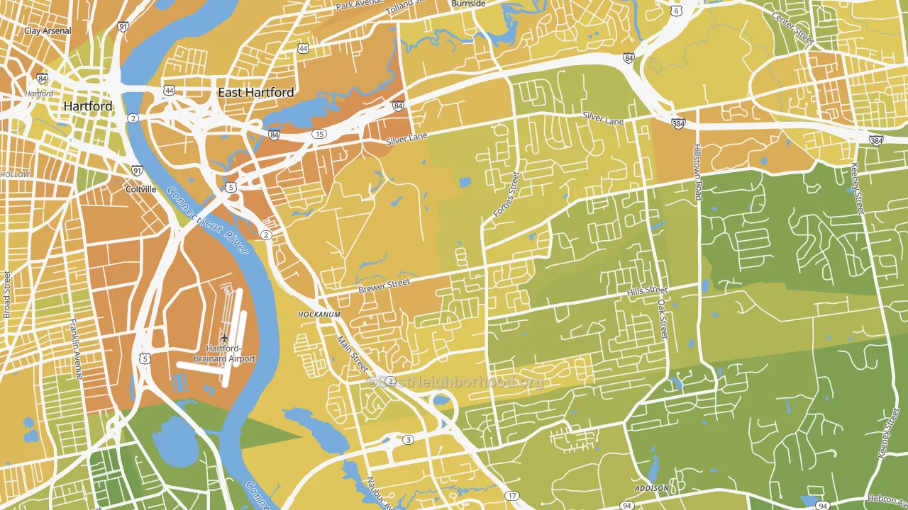 Map of the best neighborhoods in the 06118 area, with better matches in green and worse matches in red
