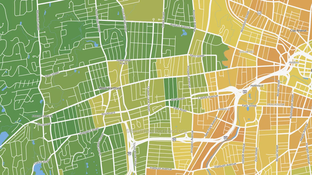 Map of the best neighborhoods in the 06119 area, with better matches in green and worse matches in red