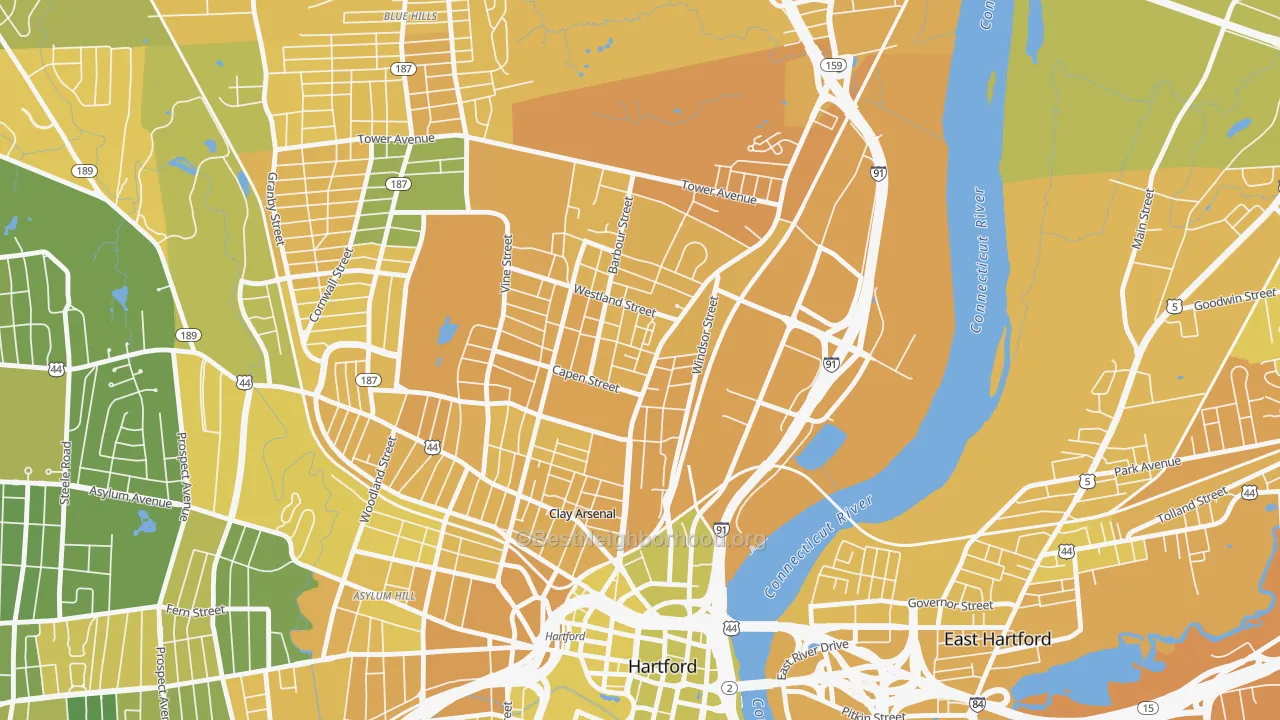 Map of the best neighborhoods in the 06120 area, with better matches in green and worse matches in red