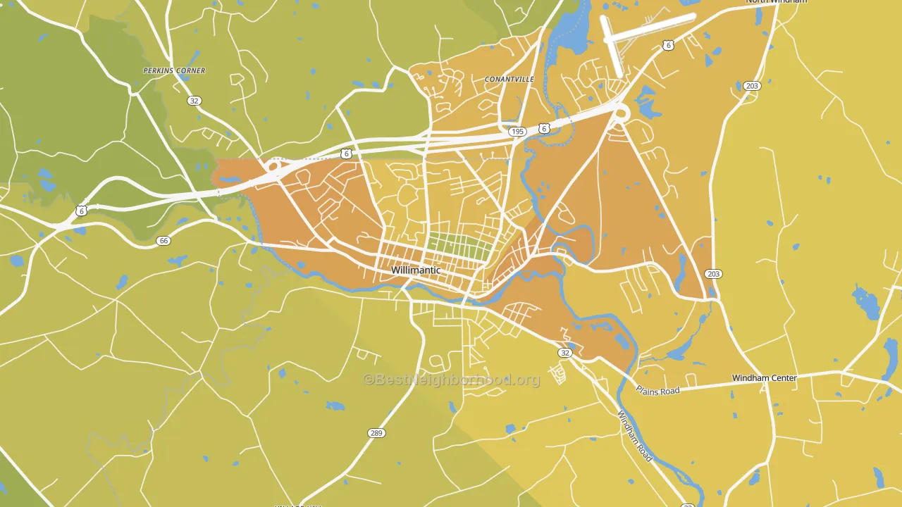 Map of the best neighborhoods in the 06226 area, with better matches in green and worse matches in red
