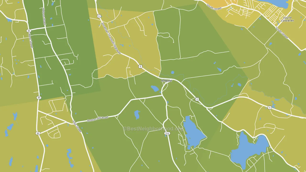 Map of the best neighborhoods in the 06232 area, with better matches in green and worse matches in red