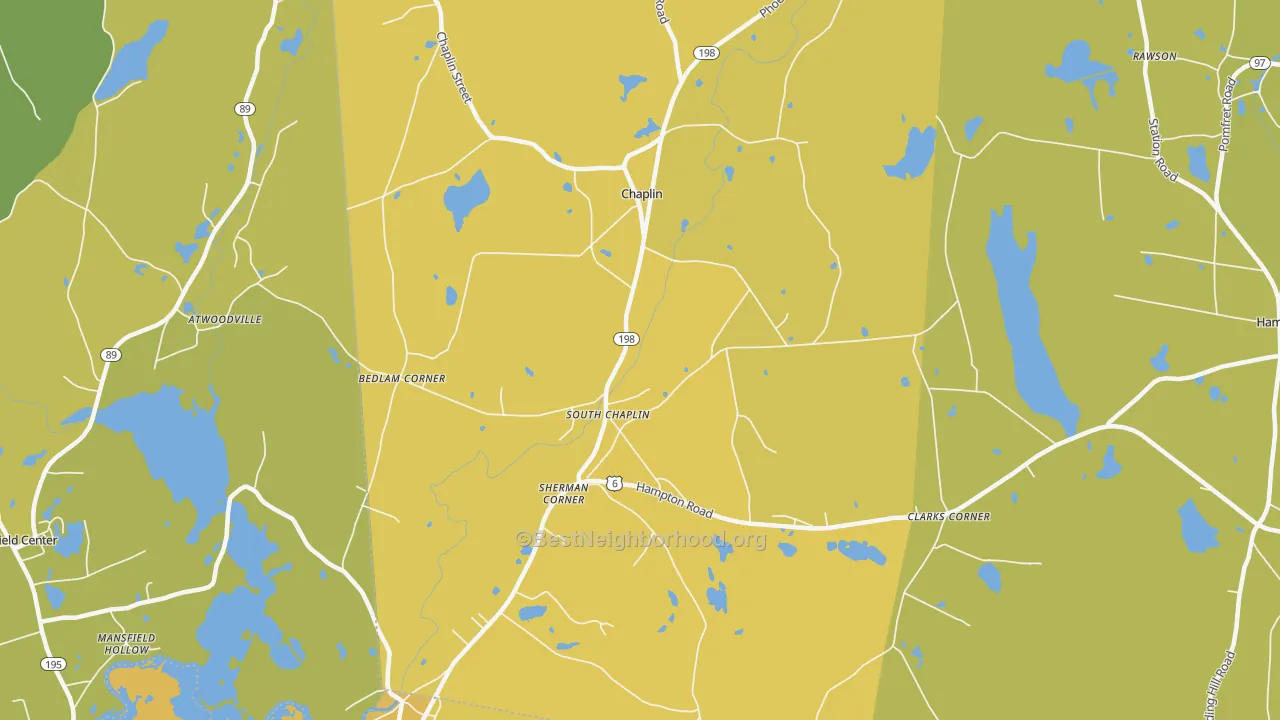 Map of the best neighborhoods in the 06235 area, with better matches in green and worse matches in red