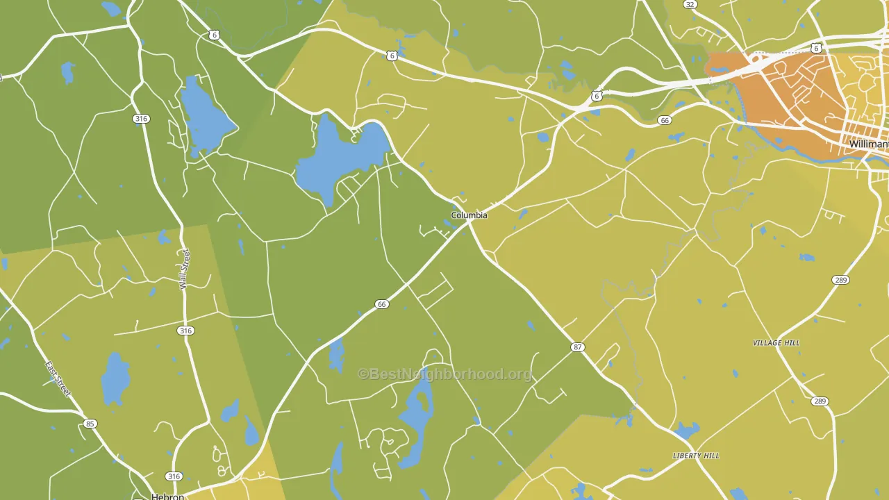 Map of the best neighborhoods in the 06237 area, with better matches in green and worse matches in red