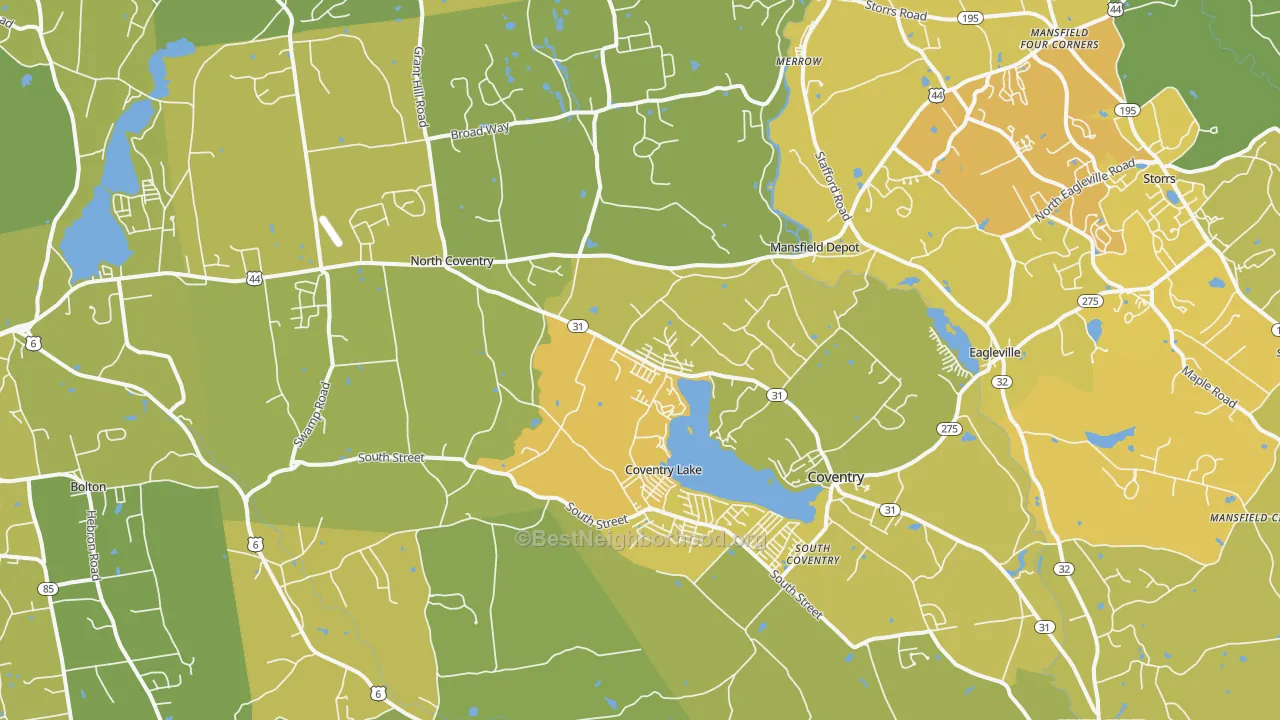 Map of the best neighborhoods in the 06238 area, with better matches in green and worse matches in red