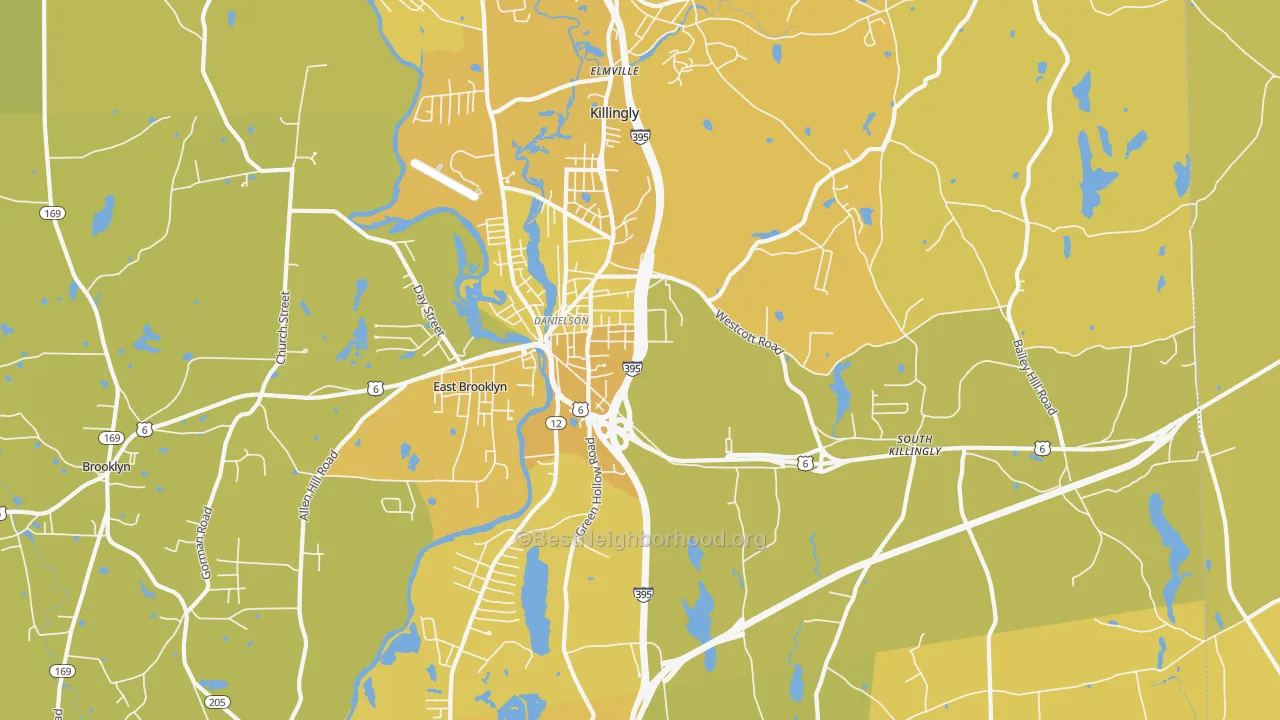 Map of the best neighborhoods in the 06239 area, with better matches in green and worse matches in red