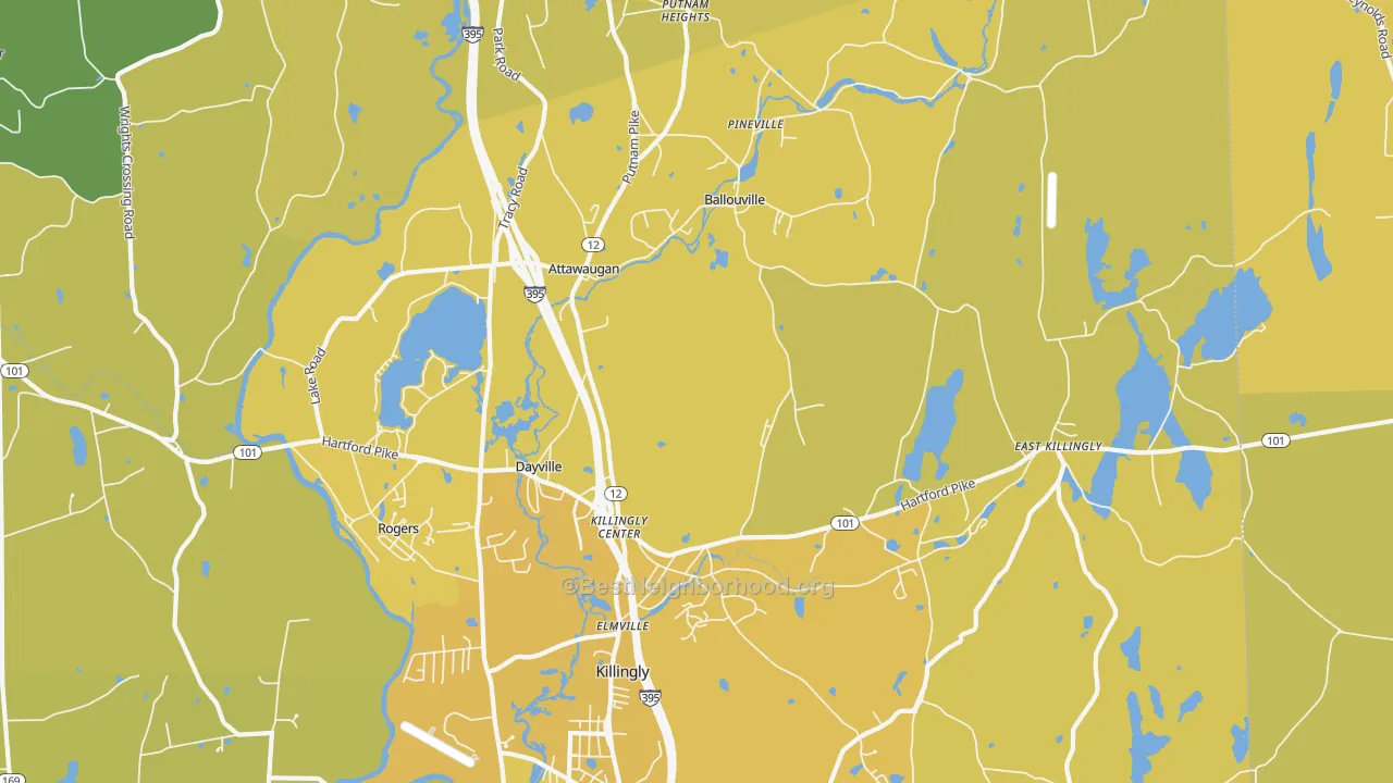 Map of the best neighborhoods in the 06241 area, with better matches in green and worse matches in red