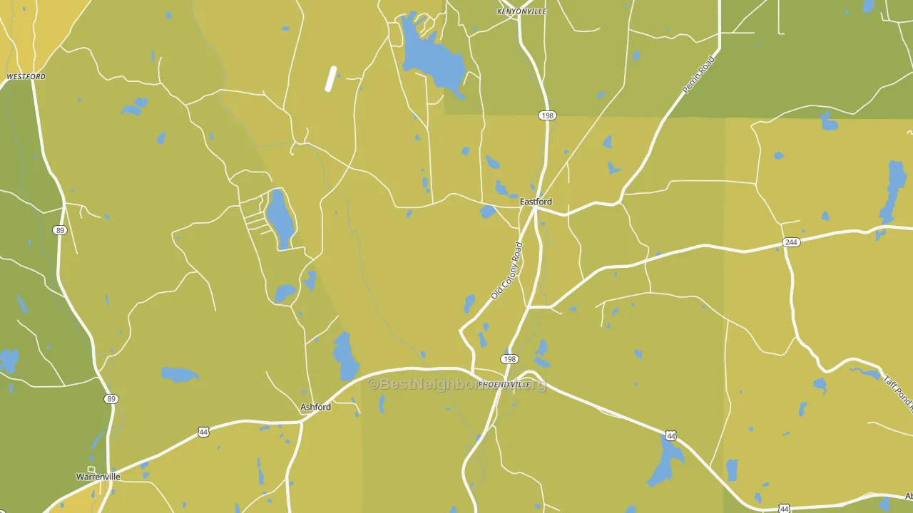 Map of the best neighborhoods in the 06242 area, with better matches in green and worse matches in red