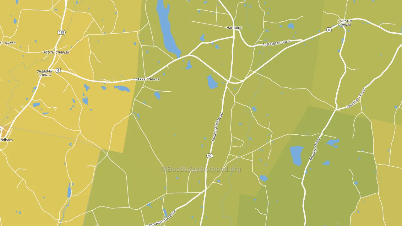 Map of the best neighborhoods in the 06247 area, with better matches in green and worse matches in red
