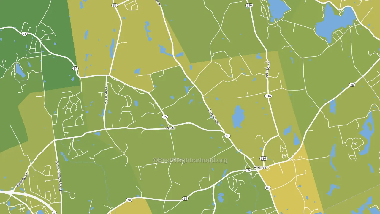 Map of the best neighborhoods in the 06248 area, with better matches in green and worse matches in red