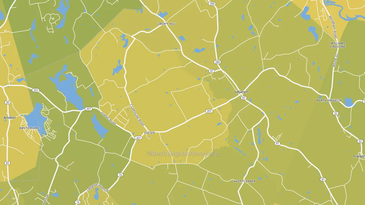 Map of the best neighborhoods in the 06249 area, with better matches in green and worse matches in red