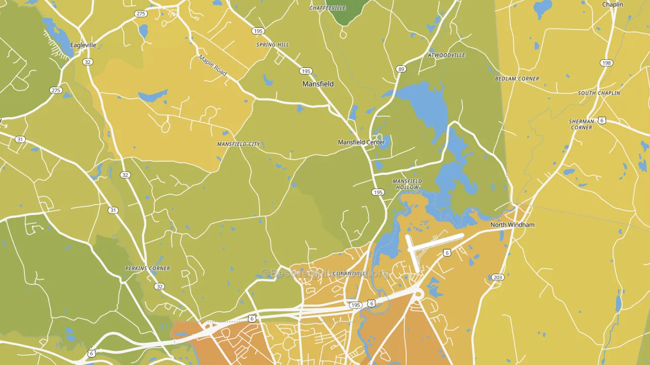 Map of the best neighborhoods in the 06250 area, with better matches in green and worse matches in red